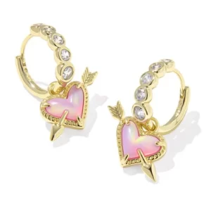 Kendra Scott Ari Sterling Silver Gold Plated Heart Arrow Pink Opalescent Huggie Earrings