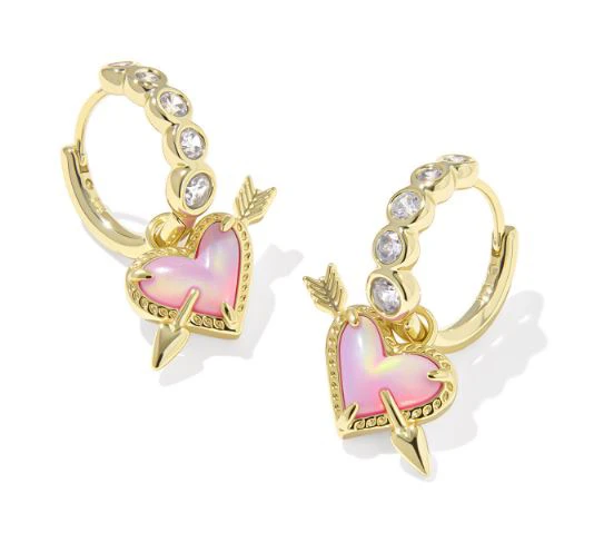 Kendra Scott Ari Sterling Silver Gold Plated Heart Arrow Pink Opalescent Huggie Earrings