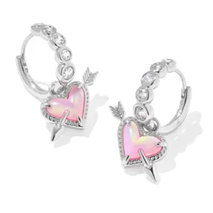 Kendra Scott Ari Sterling Silver Rhodium Plated Heart Arrow Pink Opalescent Huggie Earrings