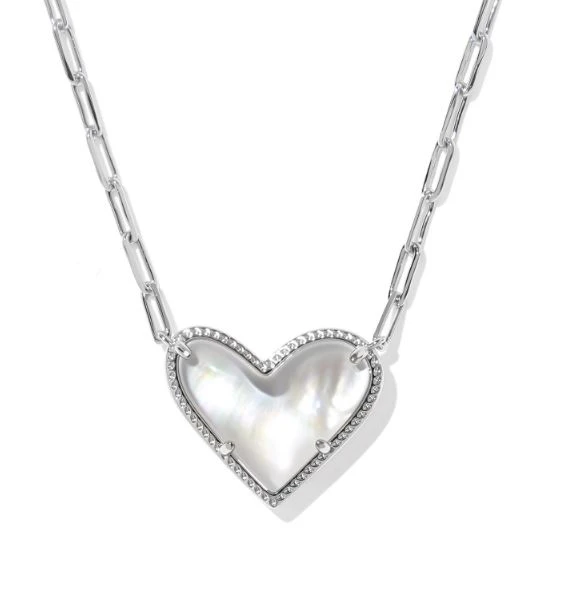 Kendra Scott Ari Sterling Silver Rhodium Plated Heart Ivory Mother of Pearl Pendant Necklace