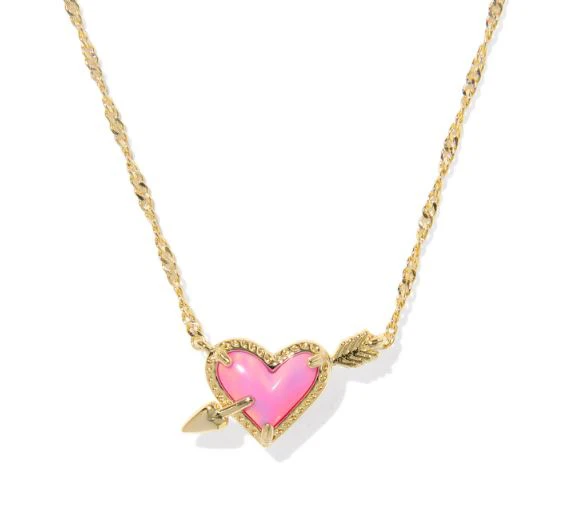 Kendra Scott Ari Sterling Silver Gold Plated Heart Arrow Pink Opalescent Pendant Necklace