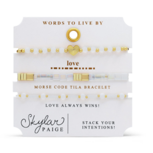 Stia Sterling Silver Gold Plated White Set of 3 Words to Live By Love (Fluted) Stretch Bracelet