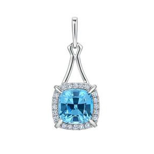 Chatham 14k White Gold Created Square 2.95 carat Aqua Marine and .28 cttw Dangle Diamond Pendant