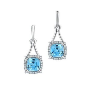Chatham 14k White Gold 3.94 carat Created Square Aqua Marine and .28 Dangle Diamond Earrings