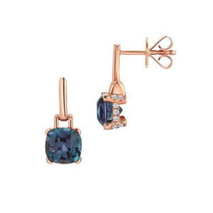 Chatham 14k Rose Gold 4.24 carat Created Square Alexandrite and .20 Dangle Diamond Earrings