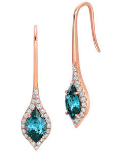 Chatham 14k Rose 2.05 Created Flame Cut Paraiba and .39 ct Diamond Drop Earrings