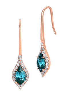 Chatham 14k Rose 2.05 Created Flame Cut Paraiba and .39 ct Diamond Drop Earrings