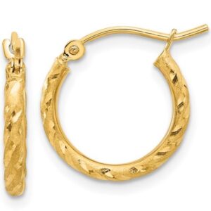 10k Yellow Gold 2mm Satin Diamond Cut Hoop Earrings