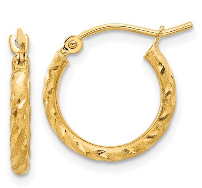 10k Yellow Gold 2mm Satin Diamond Cut Hoop Earrings