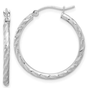 10k White Gold 2mm Satin Diamond Cut Hoop Earrings