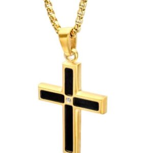 INOX Gent's 18Kt Gold IP Matte Finish Steel Black Onyx Stone Inlay with Lab-Grown Diamond Cross Pendant