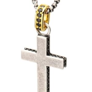 INOX Gent's Stainless Steel Black Spinel on Sides of Cross and Gold Plated and Spinel Bail Necklace