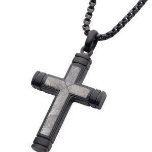 INOX Gent's Stainless Steel Meteorite Inlay Cross Pendant with Black IP Box Chain.