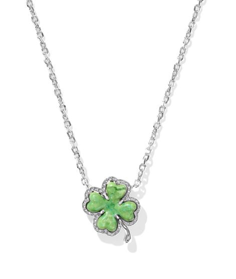 Kendra Scott Rhodium Plated Sterling Silver Lime Green Clover Pendant