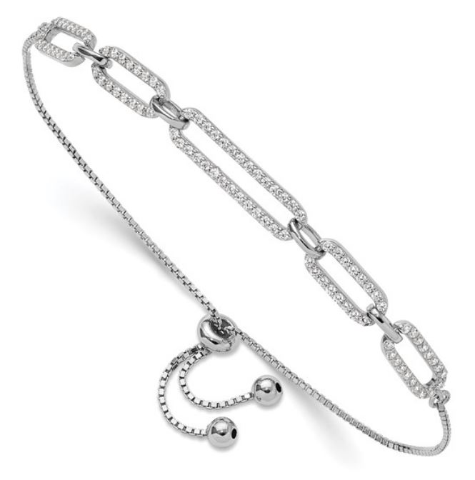 Sterling Silver CZ Paperclip Link Adjustable Bolo Bracelet