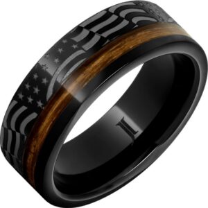 Gents 8mm Whiskey Rebellion Black Diamond Ceramic Ring with Bourbon Barrel Inlay and American Flag Engraving