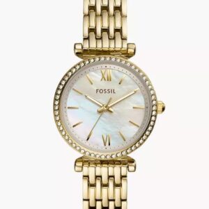 Fossil Ladies Mother of Pearl Yellow Plated Stainless Steel 3 Hand Crystal Watch