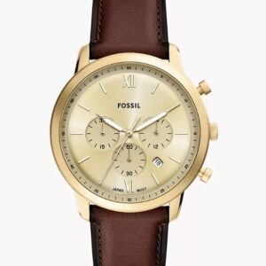 Fossil Gents Chrono 3 Hand Yello Plated Brown Leather Band Watch