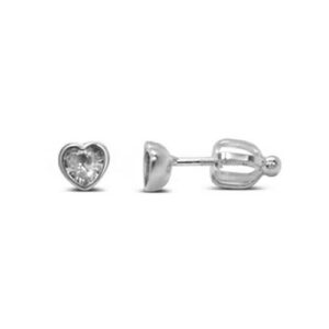 Stia Girl - Bezel Heart April Diamond CZ Rhodium Plated Sterling Silver Stud Earrings