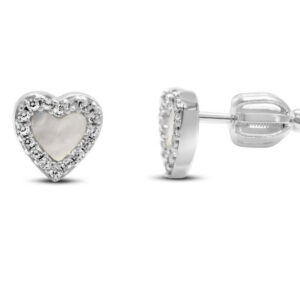 Stia Girl - Rhodium Plated Sterling Silver Mother of Pearl and CZ Halo Heart Stud Earrings