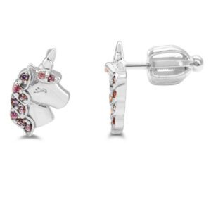 Stia Girl - Rhodium Plated Sterling Silver Magical Multi-Color CZ Unicorn Stud Earrings