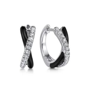 Gabriel & Co. Sterling Silver .33 cttw White Sapphire Criss Cross Huggie Hoops with Black Enamel