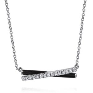 Gabriel & Co. Sterling Silver .18 cttw White Sapphire Criss Cross Bar Necklace with Black Enamel Pendant Necklace