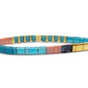 Stia HAPPY Morse Code Turquoise and Pink Beaded Stretch Tila Bracelet