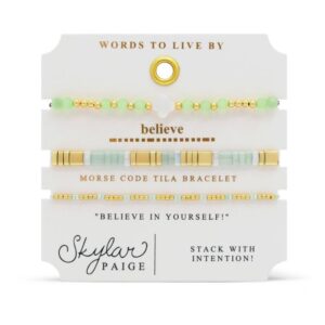 Stia Sterling Silver Gold Plated Light Green and White 3 Piece Clover Stretch Bracelet Set