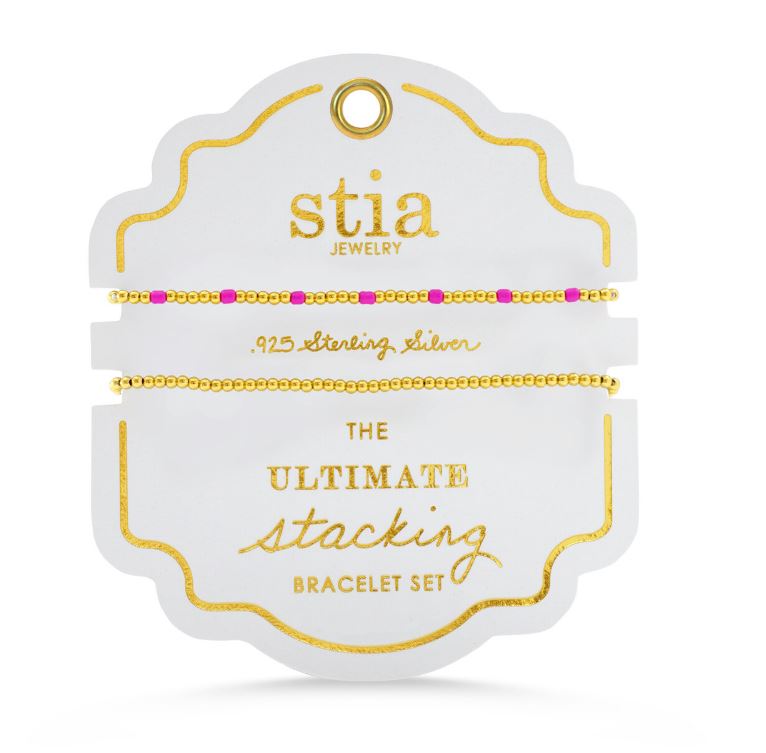 Stia Sterling Silver 2 Pack Gold Plated Sterling Silver Ultimate Stacking Electric Fuschia Beaded Bracelets