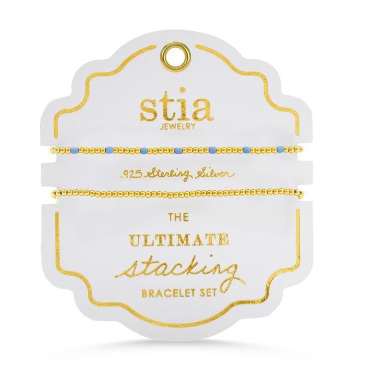 Stia Sterling Silver 2 Pack Gold Plated Sterling Silver Ultimate Stacking Light Blue Beaded Bracelets