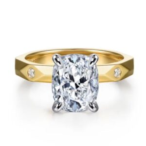 Gabriel & Co. 14k Two-Tone Gold 9x5 x 7.5 Elongated Cusion Cut CZ Center with .06 cttw Diamond Geometric Ring Engagement Mounting