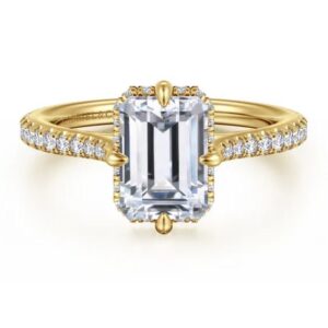 Gabriel & Co. 14k Yellow Gold 8.5x6 CZ Emerald Cut Center and .36 cttw Diamond Hidden Halo Engagement Ring Mounting