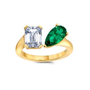 Chatham 14k Yellow Gold Ring 10x5.5 Pear Lab-Grown Emerald 1.10 cts, Lab-Grown Diamond 2.05 ctw