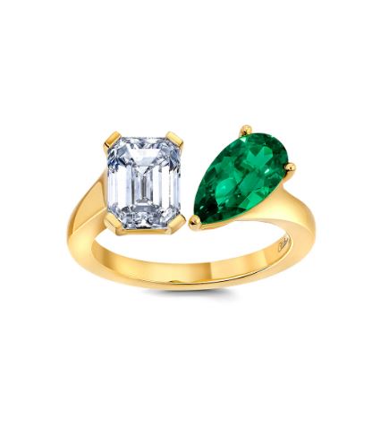 Chatham 14k Yellow Gold Ring 10x5.5 Pear Lab-Grown Emerald 1.10 cts, Lab-Grown Diamond 2.05 ctw