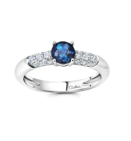 Chatham 14k White Gold Ring 5.0 Round Lab-Grown Alexandrite .63 ctw, Lab-Grown Diamond .35 ctw