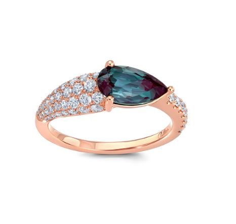 Chatham 14k Rose Gold Ring 10x5.5 Pear Lab-Grown Alexandrite 1.50 cts, Lab-Grown Diamonds .58 ctw