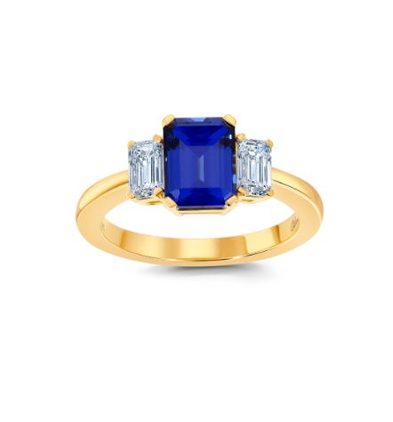 Chatham 14k Yellow Gold Ring 8x6 Octagon Lab-Grown Blue Sapphire 1.8 cts, Lab-Grown Diamonds .67 ctw