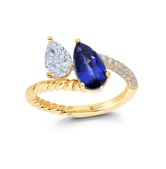 Chatham 14k Yellow Gold Ring 10x5.5 Pear Lab-Grown Blue Sapphire 1.70 cts, Lab-Grown Diamonds .91 ctw