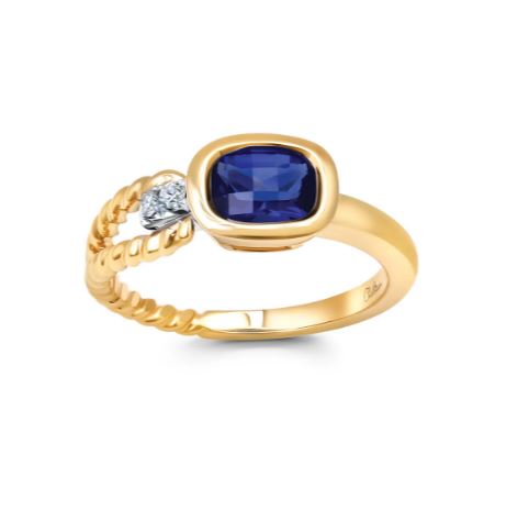Chatham 14k White & Yellow Gold Ring 7x5 Checkerboard Antique Custion Lab-Grown Blue Sapphire 1.21 ctw, Lab-Grown Diamonds .03 ctw