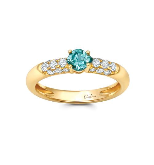 Chatham 14k Yellow Gold Ring 5x4.5 Onion Cut Lab-Grown Chrysoberyl 0.46 ctw, Lab-Grown Diamonds 0.35 ctw