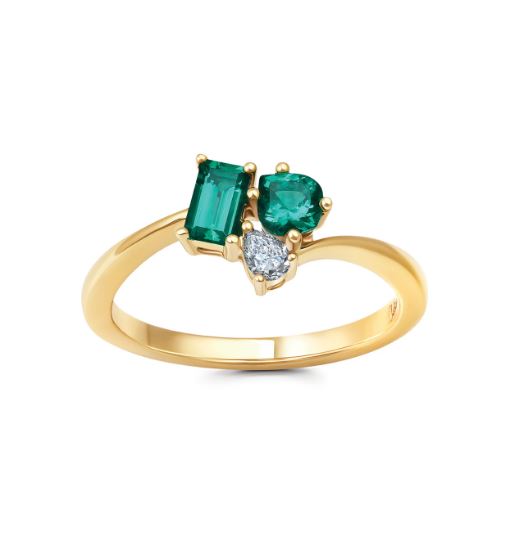 Chatham 14k Yellow Gold Ring 65x3 Octagon, 4.5x4 Pear Lab-Grown Emerald .46 ctw, 3.5x2.5 Pear Lab-Grown Diamonds .09 ctw