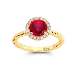 Chatham 14k Yellow Gold Halo Ring 7.0 Round Lab-Grown Ruby 1.89 cts, Lab-Grown Diamonds .15 ctw