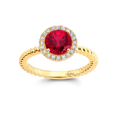 Chatham 14k Yellow Gold Halo Ring 7.0 Round Lab-Grown Ruby 1.89 cts, Lab-Grown Diamonds .15 ctw