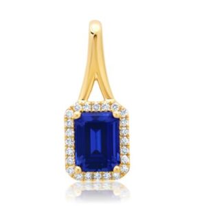 Chatham 14k Yellow Gold Pendant 8x6 Octagon Lab-Grown Blue Sapphire 2.20 cts, Lab-Grown Diamond .16 ctw