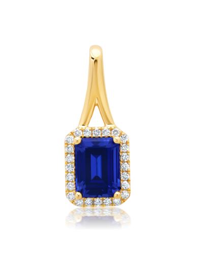 Chatham 14k Yellow Gold Pendant 8x6 Octagon Lab-Grown Blue Sapphire 2.20 cts, Lab-Grown Diamond .16 ctw