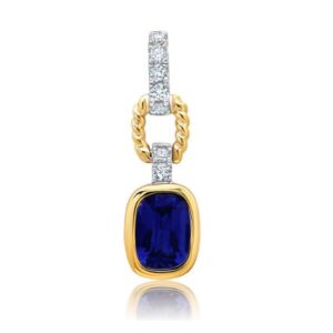 Chatham 14k Yellow & White Gold Pendant 7x5 Checkerboard Antique Cushion Lab-Grown Blue Sapphire 1.21 cts, Lab-Grown Diamonds .13 ctw