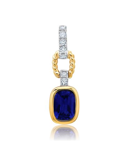 Chatham 14k Yellow & White Gold Pendant 7x5 Checkerboard Antique Cushion Lab-Grown Blue Sapphire 1.21 cts, Lab-Grown Diamonds .13 ctw