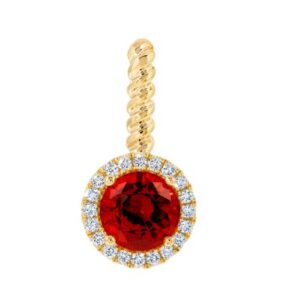 Chatham 14k Yellow Gold Halo Pendant 7.0 Round Lab-Grown Ruby 1.85 cts, Lab-Grown Diamonds .16 ctw