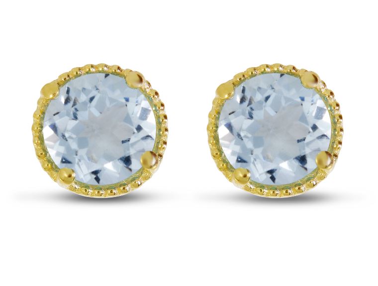 14K Yellow Gold 5mm Round Aquamarine Millgrain Halo Earrings